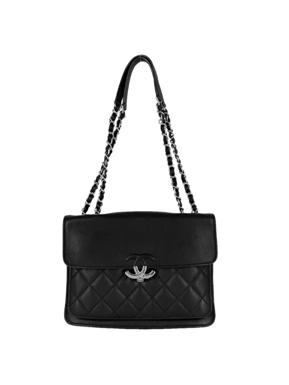 Chanel Shoulder Bag Quilted CC Logo Double Chain Crossbody Leather Black Silver